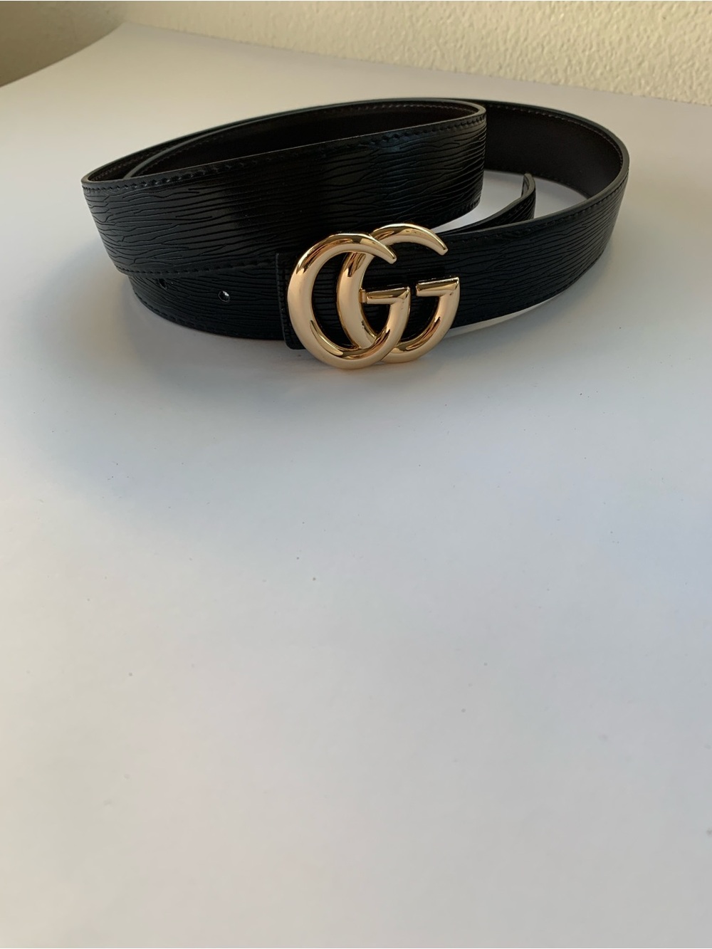 Black Leather Belt with Gold Double-G Buckle 42 inches